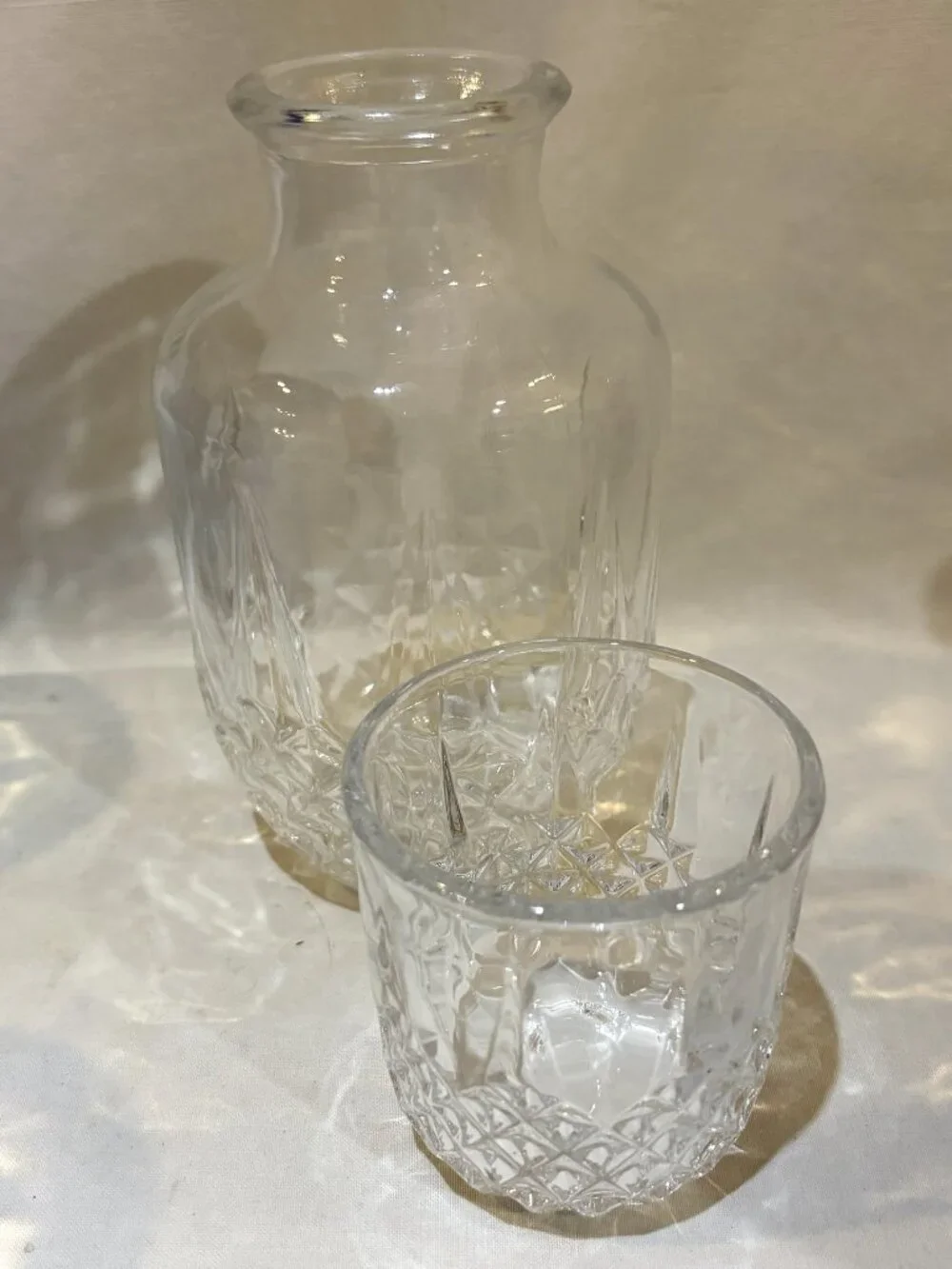 Clear Glass Bedside Water Carafe and Cup Set Diamond Cut Pattern